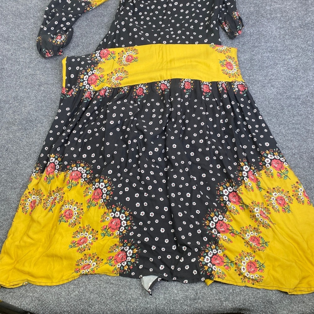 Farm Rio Mixed Floral Print Maxi Dress Yellow Black Boho Crochet V-Neck Medium - Picture 5 of 5